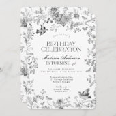 Invitation Black Toile De Jouy Fête d'Anniversaire Florale Fr (Devant / Derrière)
