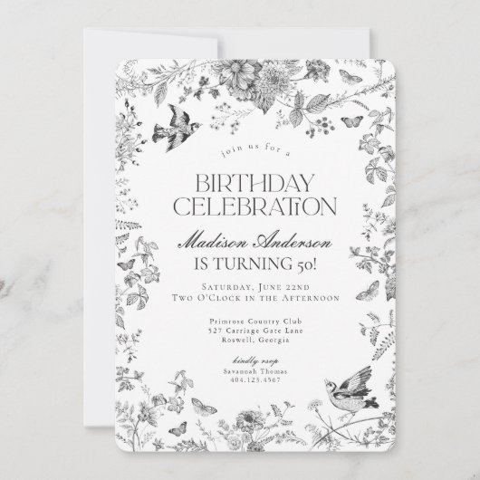 Invitation Black Toile De Jouy Fête d'Anniversaire Florale Fr (Devant)