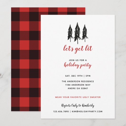 Invitation Black Tree Red Flannel Plaid Motif Fête de vacance (Devant / Derrière)