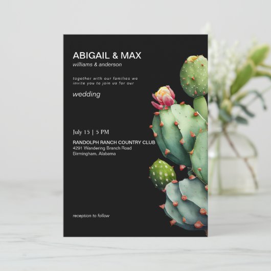 Invitation Black Tropical Cactus Mariage moderne (Debout devant)