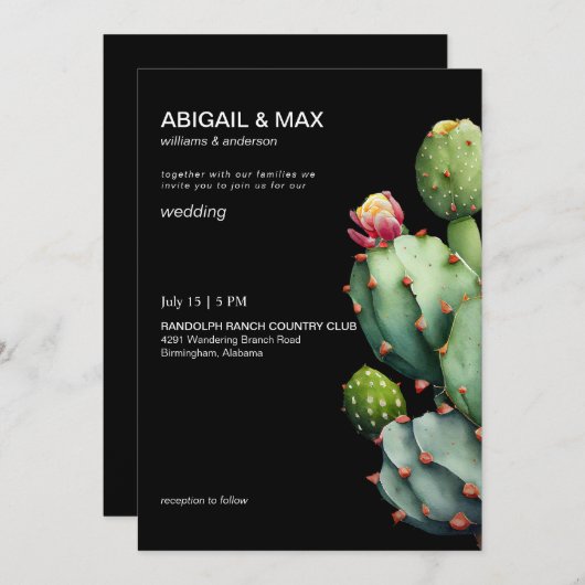 Invitation Black Tropical Cactus Mariage moderne (Devant / Derrière)