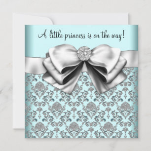 Invitation Black Turquoise Blue Damask Princess Baby shower