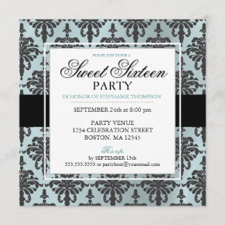 Invitation Black Turquoise Blue Damask Sweet 16 Party Invitat