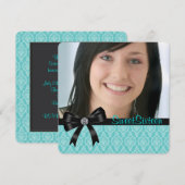 Invitation Black Turquoise Blue Damask Sweet sixteen (Devant / Derrière)
