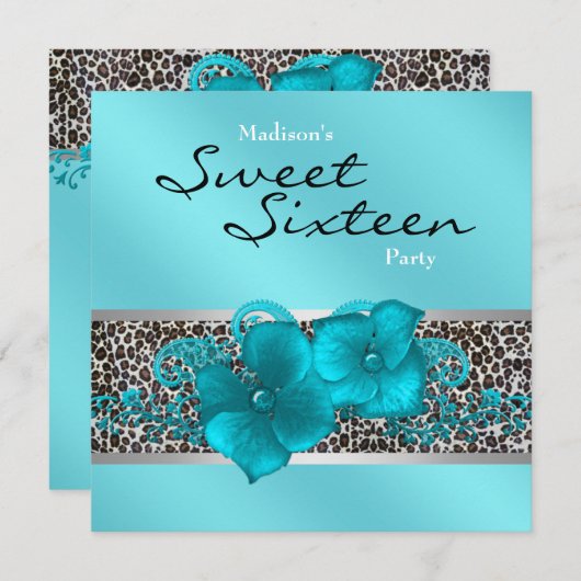 Invitation Black Turquoise Blue Leopard fête d'anniversaire (Devant / Derrière)
