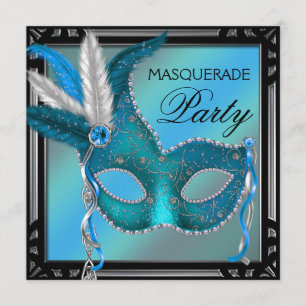 Invitation Black Turquoise Blue Masquerade Party