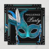 Invitation Black Turquoise Blue Masquerade Party (Devant / Derrière)