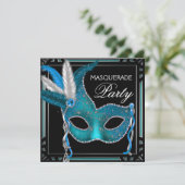Invitation Black Turquoise Blue Masquerade Party (Debout devant)