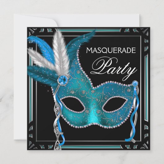 Invitation Black Turquoise Blue Masquerade Party (Devant)
