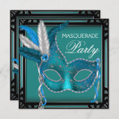 Invitation Black Turquoise Blue Masquerade Party (Devant / Derrière)