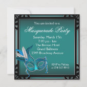 Invitation Black Turquoise Blue Masquerade Party (Dos)