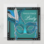 Invitation Black Turquoise Blue Masquerade Party (Devant)