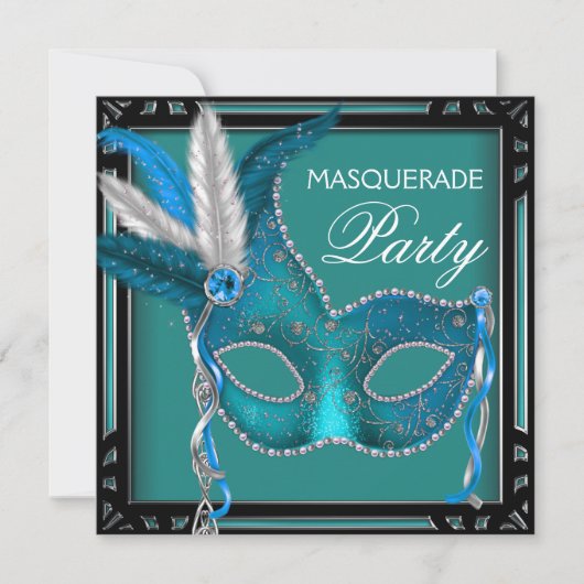 Invitation Black Turquoise Blue Masquerade Party (Devant)