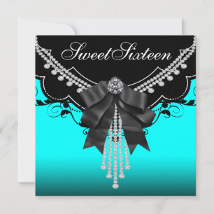 Invitation Black Turquoise Blue Sweet sixteen fête d'annivers