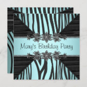 Invitation Black Turquoise Blue Zebra Fête d'anniversaire des (Devant / Derrière)