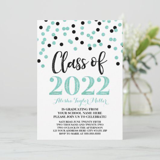 Invitation Black Turquoise Confetti Graduation Party 2022 (Debout devant)