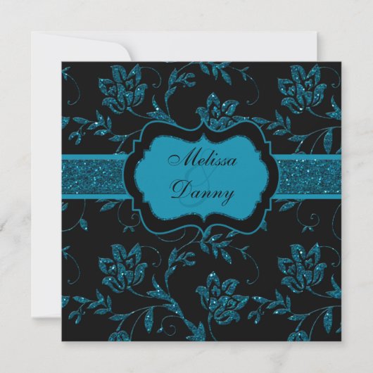 Invitation Black Turquoise FAUX Parties scintillant Floral En (Devant)