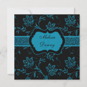 Invitation Black Turquoise FAUX Parties scintillant Floral En
