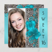Invitation Black Turquoise Léopard photo Sweet 16 Anniversair (Devant / Derrière)