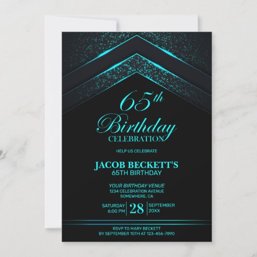 Invitation Black Turquoise moderne 65e anniversaire (Devant)