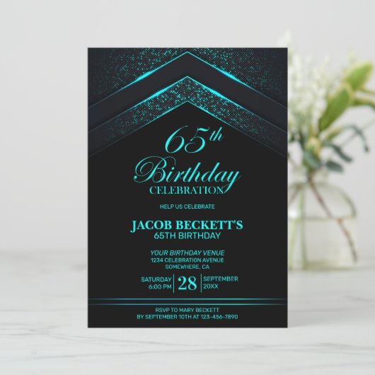 Invitation Black Turquoise moderne 65e anniversaire (Debout devant)