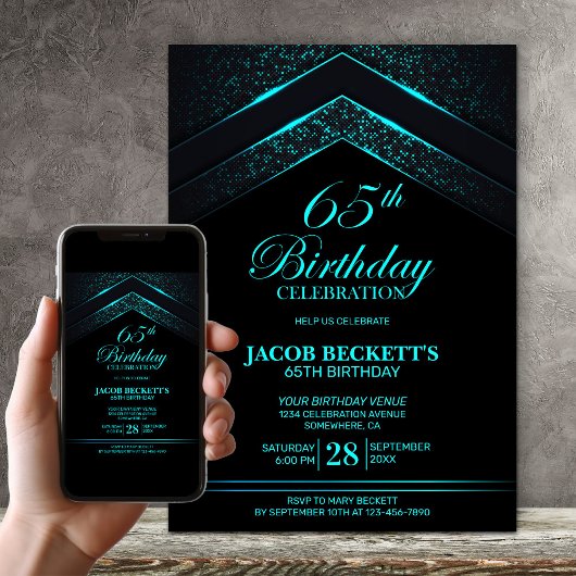 Invitation Black Turquoise moderne 65e anniversaire