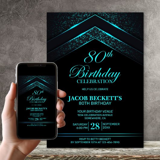 Invitation Black Turquoise moderne fête de 80e anniversaire