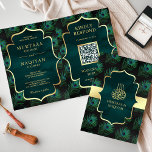 Invitation Black Turquoise Peacock Feathers QR Code Mariage m<br><div class="desc">Éblouissez vos invités avec cet élégant thème islamique plié faire-part de mariage avec un beau motif et 'Bismillah' en calligraphie arabe avec QR Code pour RSVP en ligne. Ajoutez simplement les détails de votre événement sur ce modèle facile à utiliser pour en faire une invitation unique.</div>