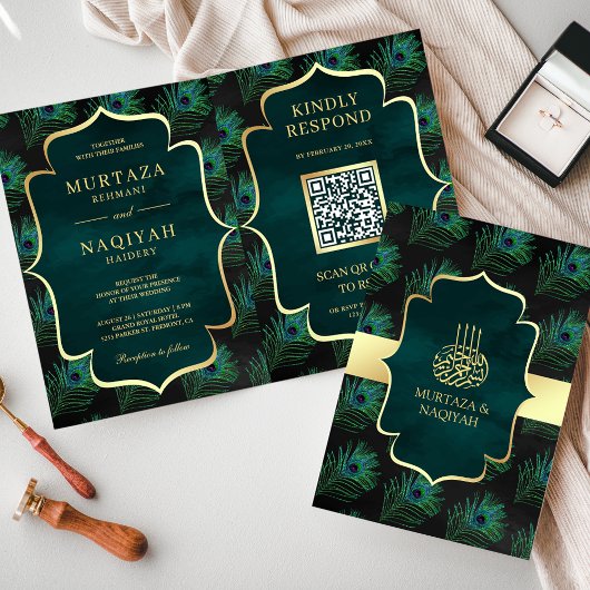 Invitation Black Turquoise Peacock Feathers QR Code Mariage m