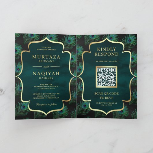 Invitation Black Turquoise Peacock Feathers QR Code Mariage m (Intérieur)