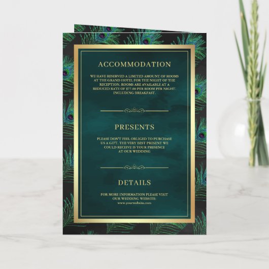 Invitation Black Turquoise Peacock Feathers QR Code Mariage m (Dos)