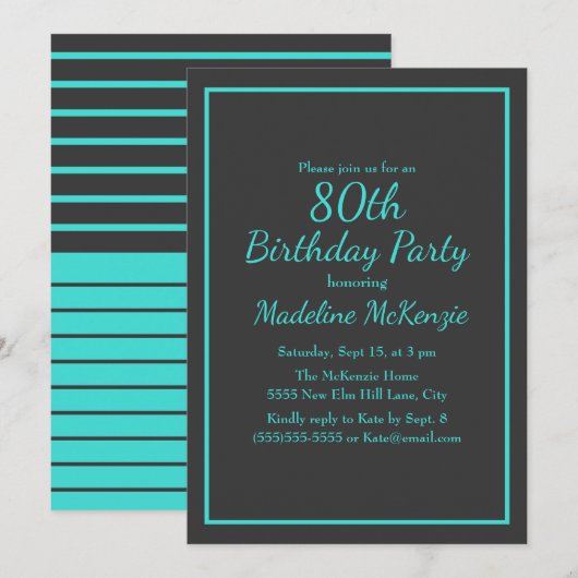 Invitation Black Turquoise Striped 80th Birthday Party (Devant / Derrière)