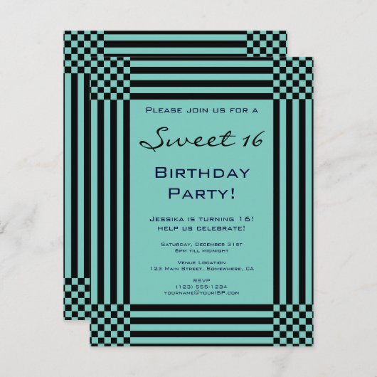 Invitation Black Turquoise Stripes Sweet 16 Anniversaire (Devant / Derrière)