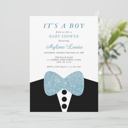 Invitation Black Tuxedo Blue Parties scintillant Bow Cravate  (Debout devant)