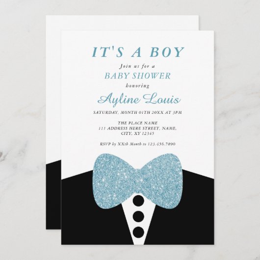 Invitation Black Tuxedo Blue Parties scintillant Bow Cravate  (Devant / Derrière)