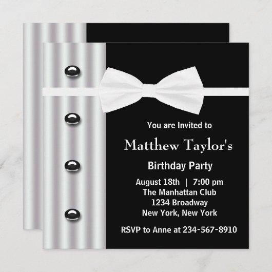 Invitation Black Tuxedo Bow Cravate Hommes fête d'anniversair (Devant / Derrière)