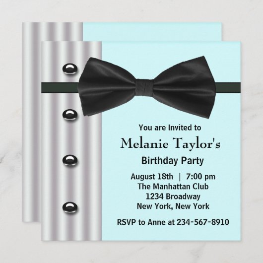 Invitation Black Tuxedo Bow Cravate Turquoise Blue Anniversai (Devant / Derrière)