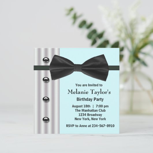 Invitation Black Tuxedo Bow Cravate Turquoise Blue Anniversai (Debout devant)