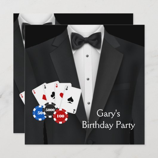 Invitation Black Tuxedo Mans Poker fête d'anniversaire (Devant / Derrière)