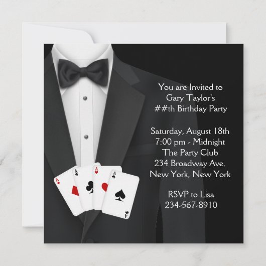 Invitation Black Tuxedo Mans Poker fête d'anniversaire (Dos)