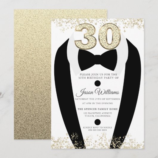Invitation Black Tuxedo Suit Gold Mens 30e fête d'anniversair (Devant / Derrière)