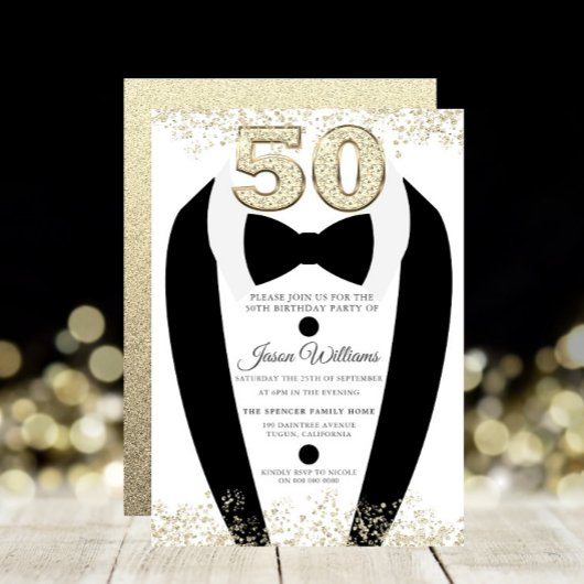 Invitation Black Tuxedo Suit Gold Mens 50e fête d'anniversair