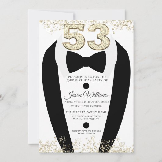 Invitation Black Tuxedo Suit Gold Mens 53e fête d'anniversair (Devant)