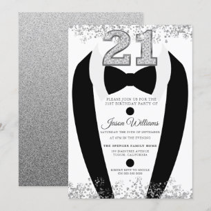 Invitation Black Tuxedo Suit Silver Mens 21e fête d'anniversa