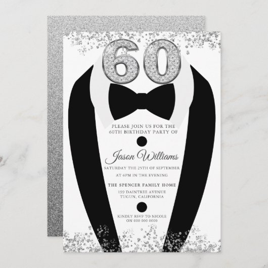 Invitation Black Tuxedo Suit Silver Mens 60e fête d'anniversa (Devant / Derrière)