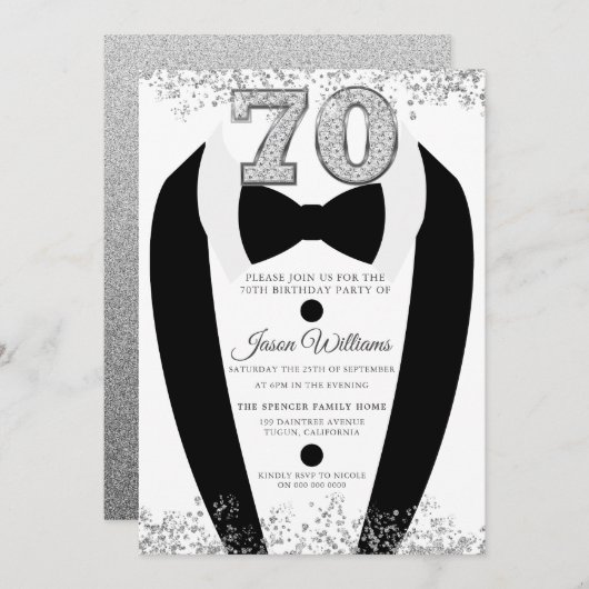 Invitation Black Tuxedo Suit Silver Mens 70e fête d'anniversa (Devant / Derrière)