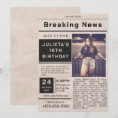 Invitation Black Vintage Breaking News Anniversaire (Devant / Derrière)