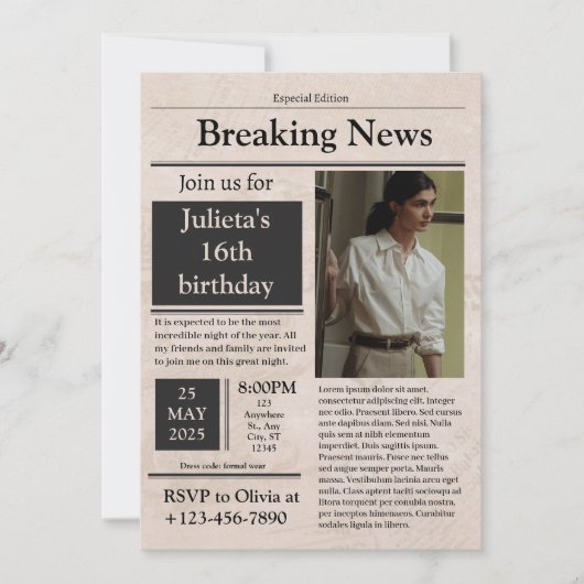 Invitation Black Vintage Breaking News classique (Devant)