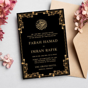 Invitation Black Vintage Gold Frontière musulmane Mariage mus