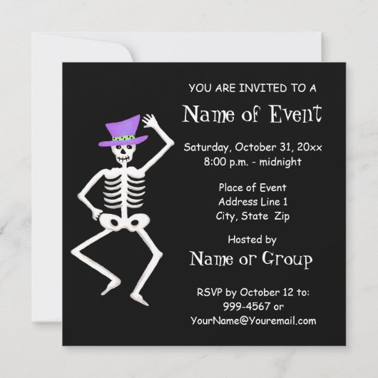 Invitation Black violet vert Halloween Skeleton Bone Dance (Dos)